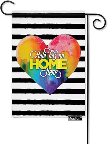 Moslion Hate Has No Home Here Rainbow Heart Garden Flag 12.5x18 Inch Black White Stripes Yard Flag Burlap Banners Vertical Double Sided for Farm House Outside