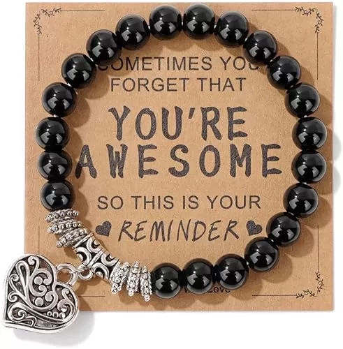 Natural Stone Inspirational Heart Shape Bracelet Gifts for Women You’re Awesome Crystal Beaded Adjustable Bracelet With Message Card Christmas Birthday Mother