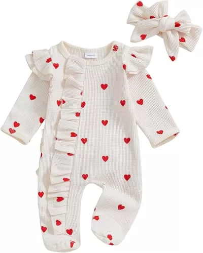 Newborn Baby Girl Valentines Outfit Ruffle Heart Print Romper Waffle Jumpsuit Coming Home Outfit