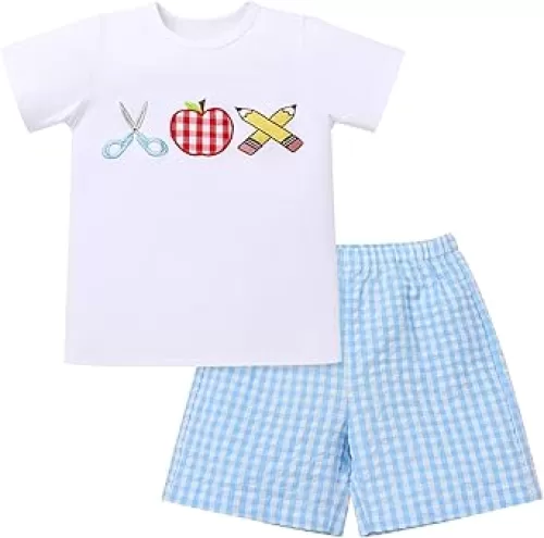 OBEEII Back to School Outfit Toddler Boy Short Sleeve Graphic Shirt Gingham Shorts First Day of School Summer Clothing Set