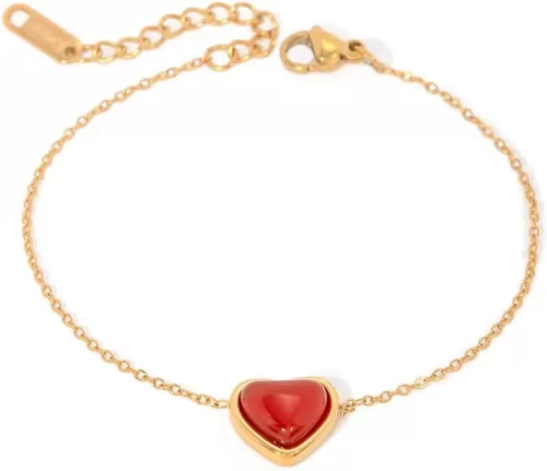 OIDIMS Simulated Red Agate Heart Shaped Bracelet Tiny Love Promise Exquisite 18k Gold Stainless Steel Chain Hypoallergenic Stackable Bracelet Valentine's Day Anniversary Jewelry Gift for Women