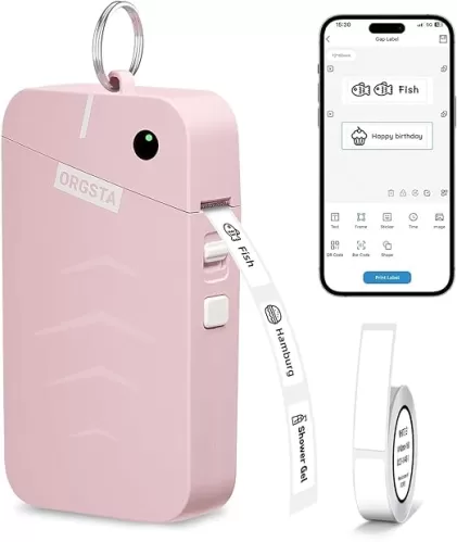 ORGSTA S001 Label Maker Machine with Tape, Portable Bluetooth Label Maker for Home and Office Organization, Thermal Label Printer Mini Sticker Maker with Multiple Templates, Pink