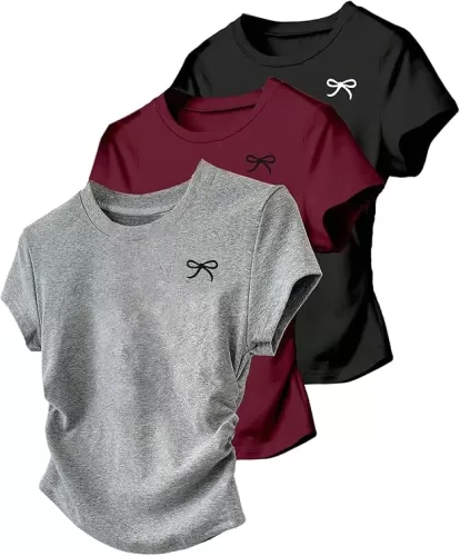 OYOANGLE Girl's 3 Piece Bow Print Short Sleeve T Shirts Set Summer Ruched Slim Fitted Tee Tops