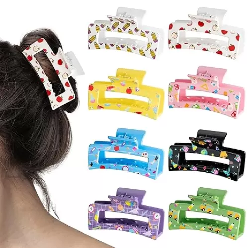 PANTIDE 8Pcs Back to School Hair Claw Clips Accessories for Women Girls - Cute Teacher Appreciation Gift Pencil Apple Rectangle Nonslip Hair Clips, Strong Hold for Thin Thick Curly Hair