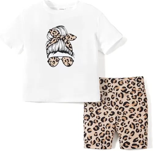 PATPAT Girls Summer Outfits Animal Print T Shirt Short Sleeve Top and Pattern Print Biker Kids Clothing Sets 3-12 years