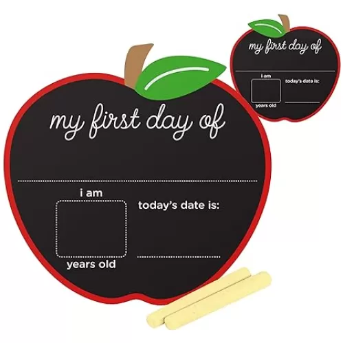 Pearhead First and Last Day of School Chalkboard, Reusable Apple-Shaped Double-Sided Fill-In Board with Yellow Chalk, Perfect Photo Prop for School Milestones