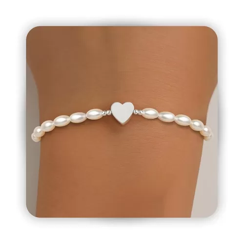 Pearl Bracelet Silver Heart Bride Bracelet Matching Homecoming Dresses, 4 MM Cute Charm Braclet Dainty Stretch Braclets as Wedding Guest Gifts Bridal Jewelry Birthday Pearl Accessories