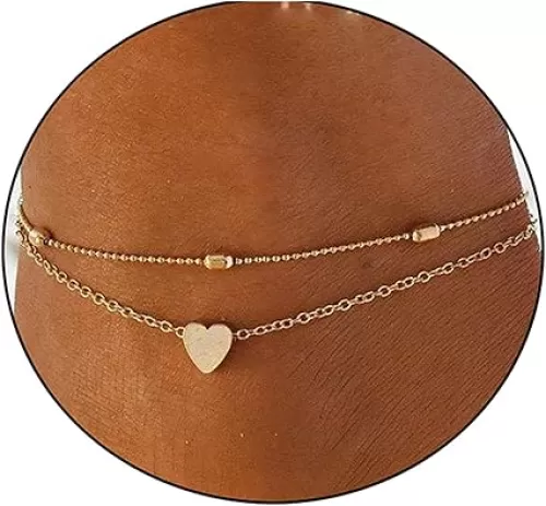 Pencros Dainty Layered Anklet, 14K Gold Filled Cute Beads Satellite Chain Heart Boho Adjustable Anklets for Women