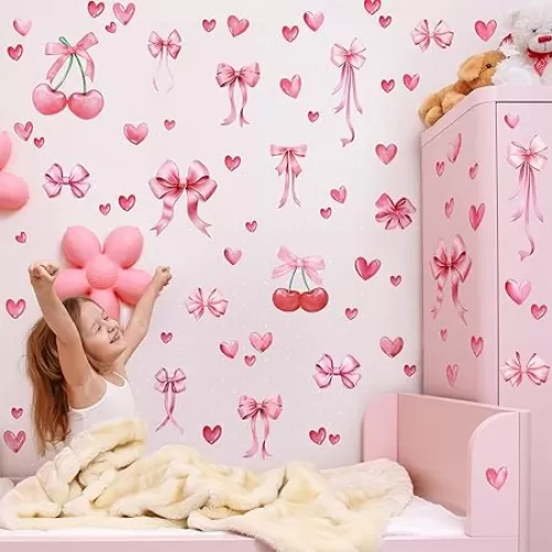 Pink Bow Heart Cherry Wall Stickers for Girls Room - 6 Sheets Watercolor Bow Love Decor Peel and Stick Vinyl Wall Art for Nursery Bedroom Coquette Aesthetic Room Decor CT24Y10959T