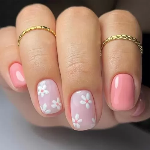 Pink Press on Nails Short Square Fake Nails Pink Full Cover Artificial False Nails with Floral Designs Acrylic Nails Reusable Glue on Nails Removable Stick on Nails for Women 24 Pcs