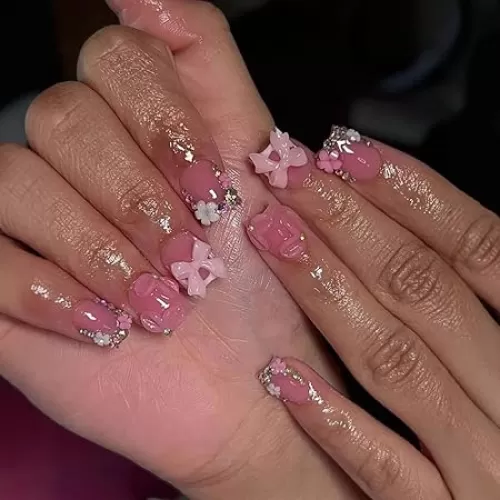 Pink Press on Short Square Fake Nails with 3D Bow Charms Design - Flower False Glue on Cute Acrylic Rhinestone Glossy Full Cover Stick on for Women Manicure - 24Pcs