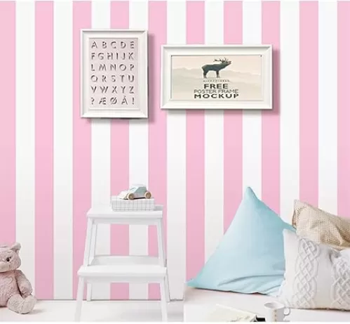 PoetryHome Self Adhesive Vinyl Pink and White Stripe Peel and Stick Wallpaper Shelf Liner for Walls Nursery Girls Bedroom Cabinets Dresser Drawer Furniture Decal Removable Waterproof 17.7x117 Inches