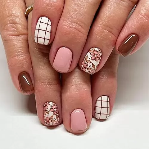 Press On Nails Short Square, Pink Fake Nails with Multicolored Nails and a Blend of Vintage and Romantic Designs, Glossy Gel Finish, Durable Reusable Acrylic Press On Nails Kit for Women