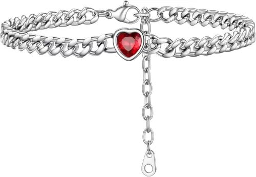 PROSTEEL Cuban Links Heart Anklets for Women, Adorned with Sparkling Birthstone, Black Stainless Steel Chain Ankle Bracelet, 8.5"-10.5" Adjustable, Come with Box