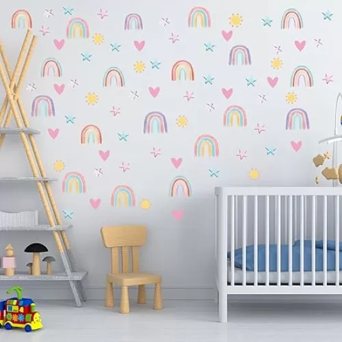Rainbow 72pcs Wallpaper Wall Decals, Hearts Wall Decals, Watercolor Sun Love Hearts Nursery Kids Bedroom Art for Girls Living Room Art Home Toddler Little Princess Childrens Party Playroom Decals