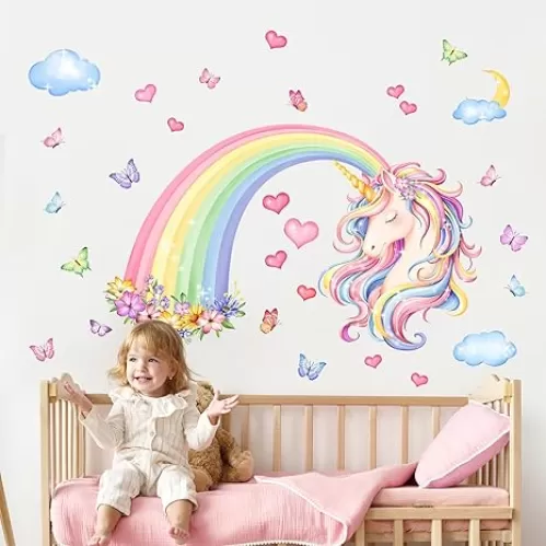 Rainbow Unicorn Wall Decals Rainbow Flowers Butterflies Clouds Hearts Unicorn Wall Stickers Baby Nursery Girls Bedroom Daycare Wall Decor