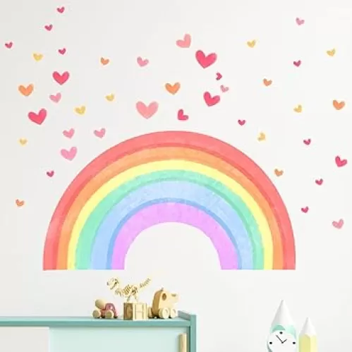Rainbow Wall Decal for Girls Bedroom - 26" Cute Rainbow & Heart Stickers for Kids, Playroom Decor, Easy Peel and Stick Wallpaper for Toddlers