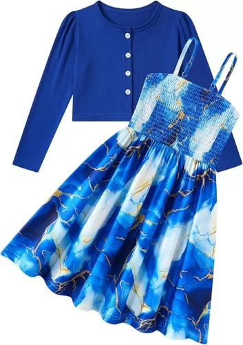 RAISEVERN Girls Casual Adjustable Strap Sleveless Dress Cardigan Set Size 5-12Y