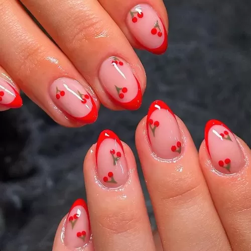Red French Tip Press on Nails Almond Short Fake Nails Cute Nude Pink Full Cover Glue on Nails with Red Cherry Glossy Artificial Stick on Nails Reusable Acrylic False Nail for Women Girls 24Pcs