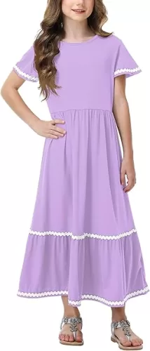 Remimi Girls Summer Short Sleeve Dress Casual Flowy Maxi Dresses 5-14 Years