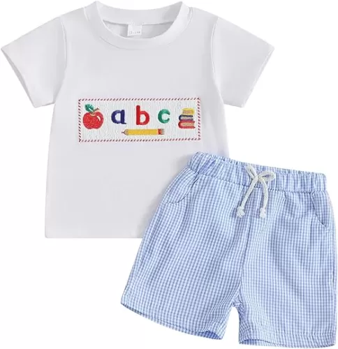 Sasaerucure Toddler Baby Boy Back To School Outfit First Day of School ABC Short Sleeve T-Shirt Plaid Shorts Set