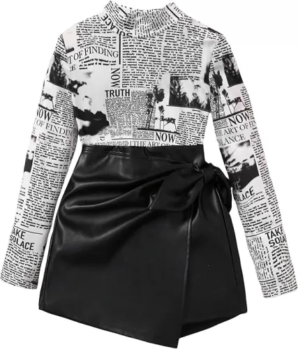 SHENHE Girl's Graphic Long Sleeve Mock Neck Tee and PU Leather Wrap Skort Shorts 2 Piece Set