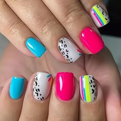 Short Press on Nails Square Fake Nails Black Leopard Print Acrylic Full Cover False Nails Glossy Blue Rose Red Glue on Nails Short Stick on Nails Artificial Nails for Women Girls 24PCS