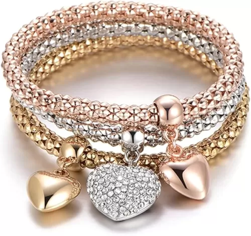 SILANER Crystal Charms Multilayer Bracelets - 3PCS Gold/Silver/Rose Gold Corn Chain Bracelet for Women, Tree of Life Heart Shaped Stretch Bracelet