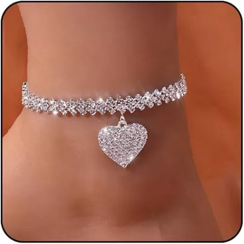 Silver & Gold Anklets & Bracelets for Women - Waterproof Stainless Steel Link Chain Tennis Rhinestone Diamond & Heart Butterfly Summer Beach Foot Jewelry