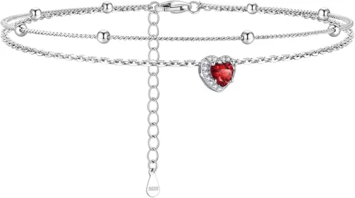 Silvora 925 Sterling Silver Birthstone Ankle Bracelet for Women - Adjustable Double-Layer Sparkling Heart Zircon Anklet Beach Jewelry for Summer