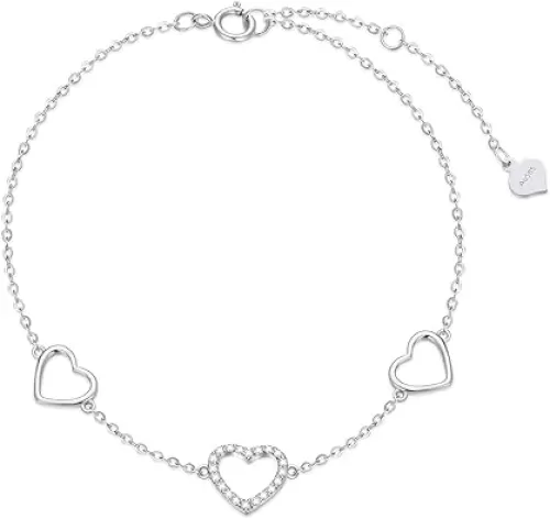 SISGEM 10k White Gold Three Heart Anklets for Women, Love Ankle Bracelet Foot Jewelry for Wife, Gifts for Her, 9.4"-11"