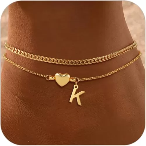 SLOONG Gold Initial Anklet Bracelets for Women, 14k Gold Plated Layered Letter A-Z Heart Anklet Dainty Trendy Waterproof Summer Beach Jewelry Gifts for Women