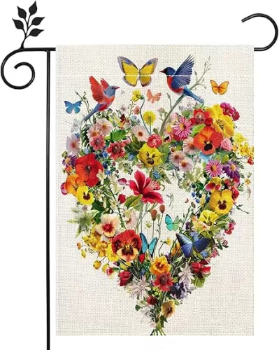Spring Summer Birds Flowers Butterflies Garden Flag for Outside, Colorful Floral Love Hearts Yard Flag 12x18 Inch Double Sided Burlap Outdoor Flag Home Decorations