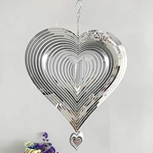 Stainless Steel Heart Wind Spinners, Outdoor Yard & Garden Decorations, Mirror Finish Hanging Metal Spinners for Patio, for Home & Garden Lovers