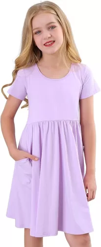Stelle Girls Short Sleeve Dress Summer Kids Toddler Skater Twirl A Line Solid Color T-Shirt Dress for School Casual 3-12 Y