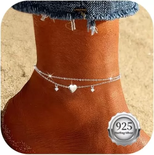 Sterling Silver Ankle Bracelets for Women Dainty, Gold Layered Waterproof CZ Heart Charm Anklets for Women Adjustable, Stackable Chain Anklet Set Cute Summer Beach Jewelry Plus Size