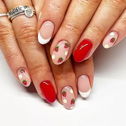 Strawberry Press on Nails Short French Tips Fake Nails with Glossy Red Stick on Nails Youth Designs Cute False Nails Beautiful Almond Acrylic Nails Full Cover Artificial Nails Glue on Nails for Girls