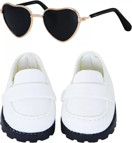 Suitable for 17cm Doll Trendy Small Leather Shoes Paired with Heart Shaped Sunglasses Cute Outfit Two-Piece Set (Matte White)