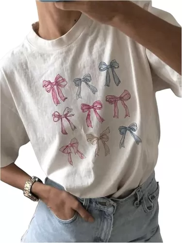 SweatyRocks Women's Bow Graphic T Shirt Crew Neck Short Sleeve Cute Tee Tops