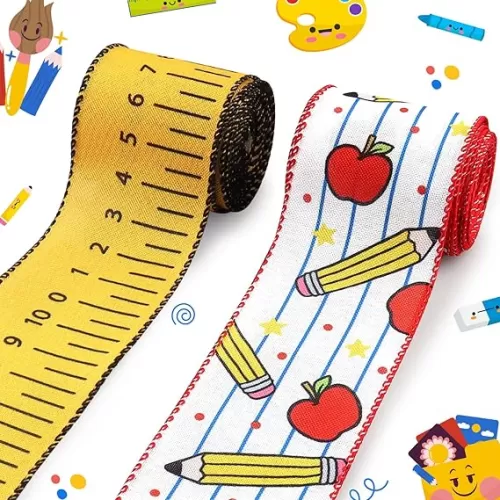 Threetols 2 Rolls 10 Yards Back to School Wired Edge Ribbon, 2.5inch Yellow Ruler Burlap Ribbon Apple Pencil Gift Wrapping Ribbon for First Day of School Party DIY Craft Teacher Wreaths Bow Decor