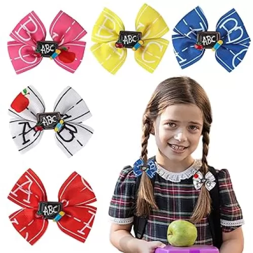 Threetols 5pcs Back to School Hair Bows Clips, Colorful Apple Pencil ABC Bows Clips for First Day of School Kindergarten Students Ponytail Holder Snap Hairpin Handmade Cheer Gifts Decor