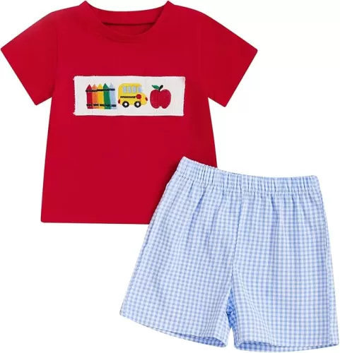 Toddler Baby Boy Back To School Outfits Embroidery Short Sleeve T-shirt Shorts First of Day Kindergarten Clothes