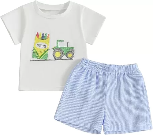 Toddler Baby Boy Girl Back To School Outfits First Day of Preschool T-Shirt Top Gingham Shorts Sets Kindergarten Outfit