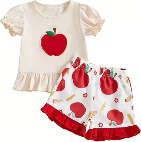 Toddler Baby Girl Back To School Outfit Apple Short Sleeve Shirt Top Ruffled Shorts Set Cute Girls Summer Clothes