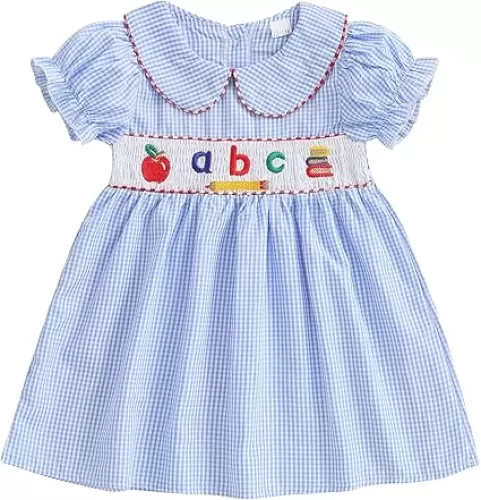 Toddler Baby Girl Back to School Outfit First Day of School Pre K Plaid Smocked Short Sleeve Dress Summer Clothes