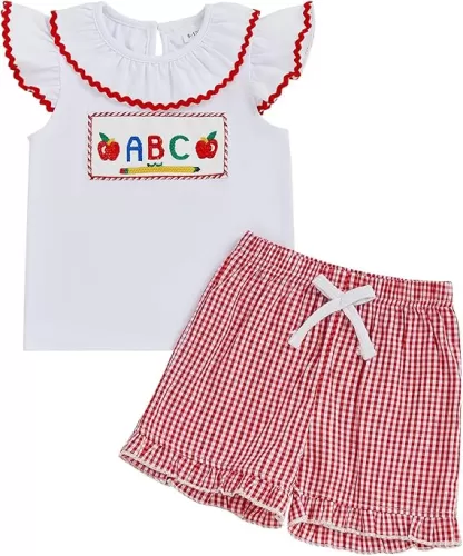 Toddler Baby Girl Summer Clothes Letter Print Flying Sleeve Shirt Top Plaid Shorts Set Cute Back to School Outfit