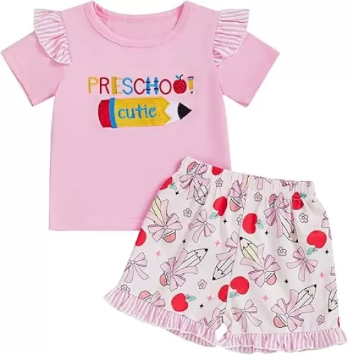 Toddler Baby Little Girl Back To School Outfit Summer Clothes Preschool T-shirt AndShorts Cute Two Piece Set