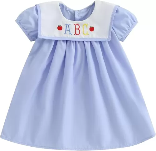 Toddler Girl Back to School Dress Embroidery Short Sleeve Smocked Dress First Day of Preschool Kindergarten Outfit