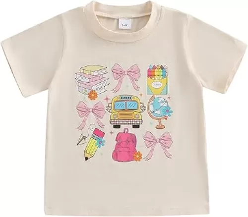 Toddler Girl Back to School Outfit Kindergarten Pre K First Grade Short Sleeve T-Shirt Top First Day of School Clothes