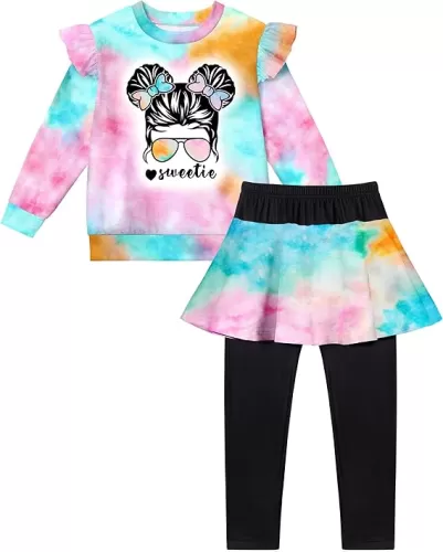 Toddler Girl Clothes, 2 Piece Tie Dye Girls Outfits Ruffle Sleeve Graphic Print Top + Skirt Leggings Kids Clothing Set